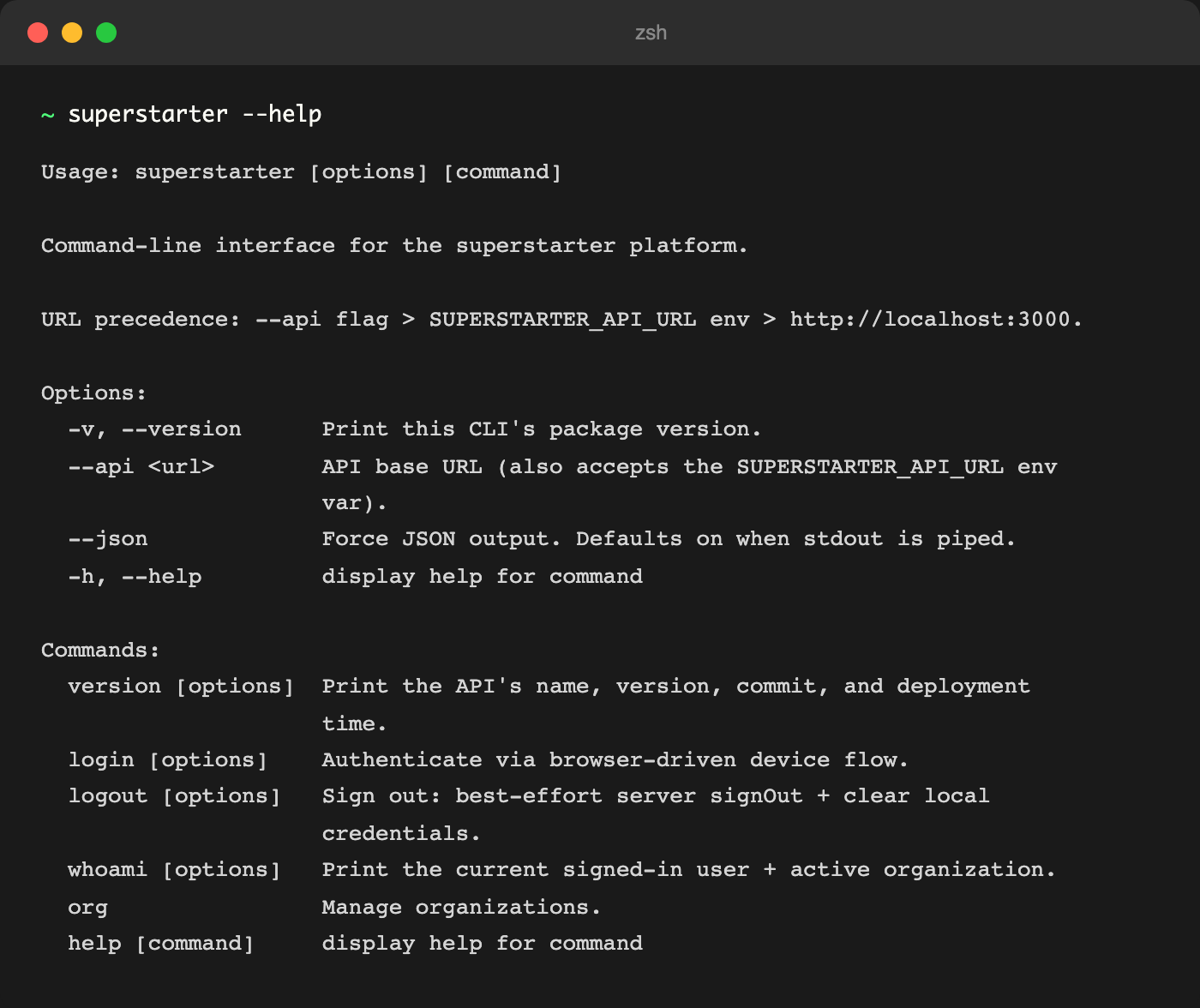 Terminal showing tottakes --help output listing login, logout, whoami, org, and version commands