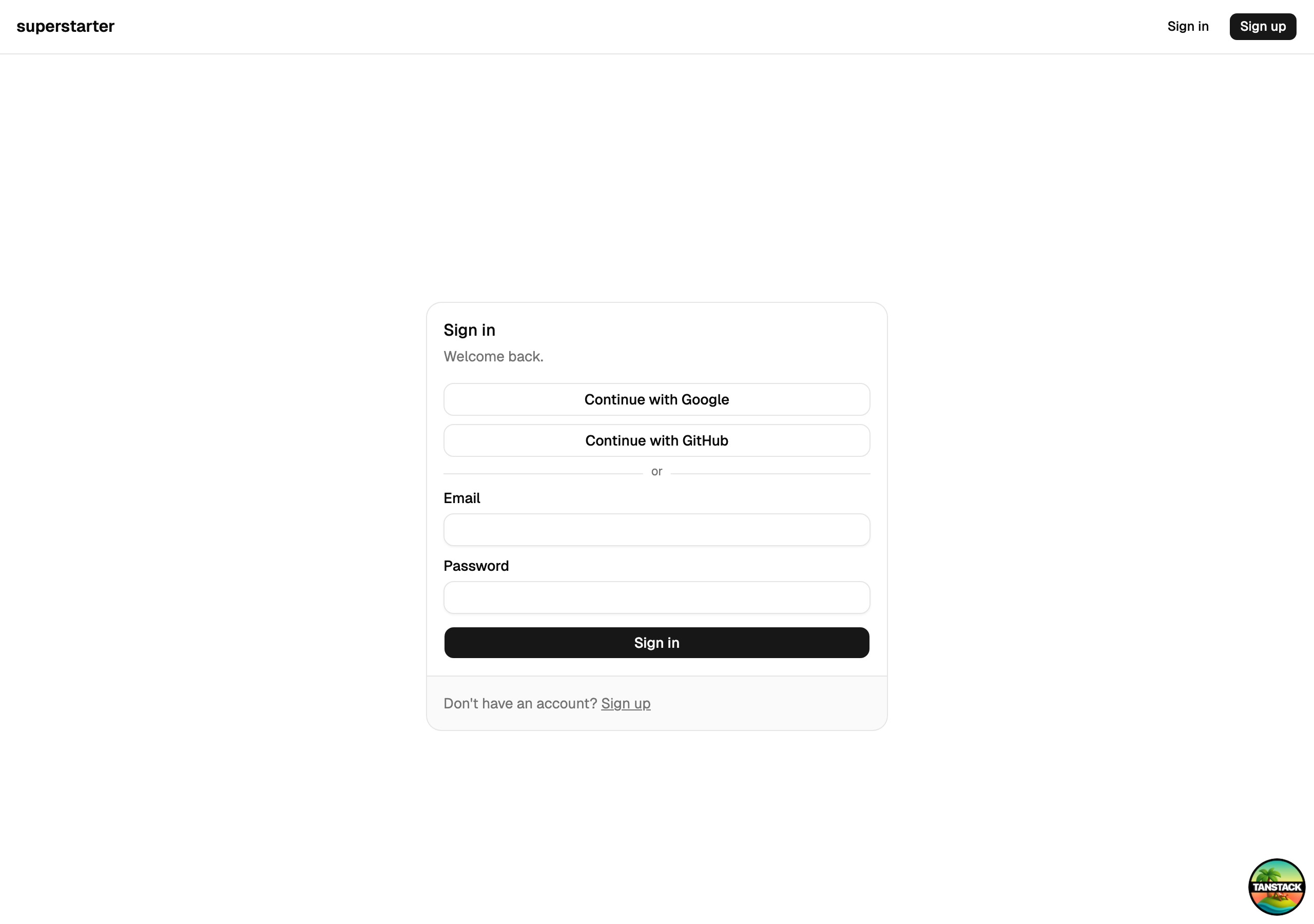 Tottakes web sign-in screen showing email/password form with Google and GitHub OAuth options